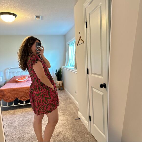 Tuckernuck Velvet Green Pink Floral Cotton Mini Dress Small - Picture 3 of 12